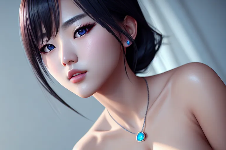 a photo shot of,a korean girl,naked,dancing,five slender fingers,charming face,beautiful lips,blue eyes,curved eyebrows,curved eyelid,satisfaction,wearing necklace,editorial,8k,pixiv,sharp focus,unreal engine