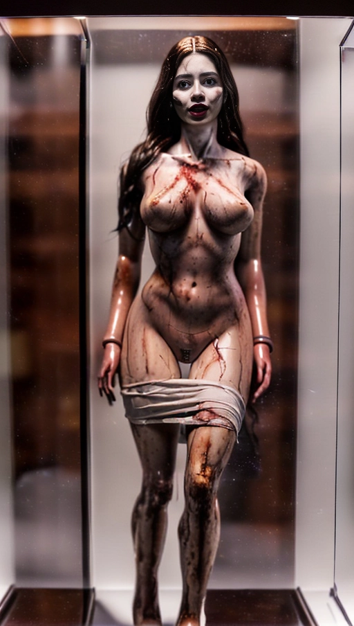 A photo with 8k resolution, (((detailed facial features))), ((real body)), ((8k resolution photo)), ((see full body)), black hair, big natural breasts, ((real skin)), generous curves, Latina, thick legs, (high shoes), ((woman turned into a mannequin with the womans corpse, The corpse was dissected and preserved in perfect condition, frozen in time, completely rigid with a blank stare)), (((displayed in a display case))), white lighting, ((((serious facial expression, open eyes, mouth slightly open)))), (((full body view, full body photograph)))) , ((((dressed college girl)))), standing, stand