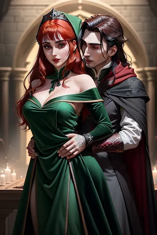 Anna of Arendelle, neck high green velvet modest dress with fold over flap, separate Count Dracula in black and red embracing from behind his fangs upon her neck, modest breasts,five fingers per hand,sweet face, beautiful lips,curved eyebrows, blood trickling from bite on neck, straight auburn hair, medium long hair, theateric dramatic club lighting,ultra realistic,pixiv,unreal engine,bokeh, hand on arched neck