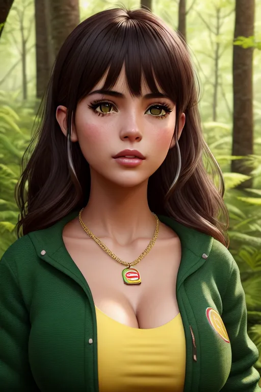 a digital painting of,a colombia girl,wearing burger clothes,walking,in the forest,big breasts,five slender fingers,bangs hairstyle,beautiful face,beautiful lips,green eyes,curved eyebrows,curved eyelid,textured skin,cosy,wearing necklace,cgsociety,smooth,ultra realistic,highly detailed,8k