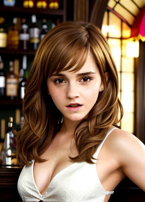 highly detailed, realistic photo, Emma Watson, as adult Hermoine Granger, sexy smile, in a bar