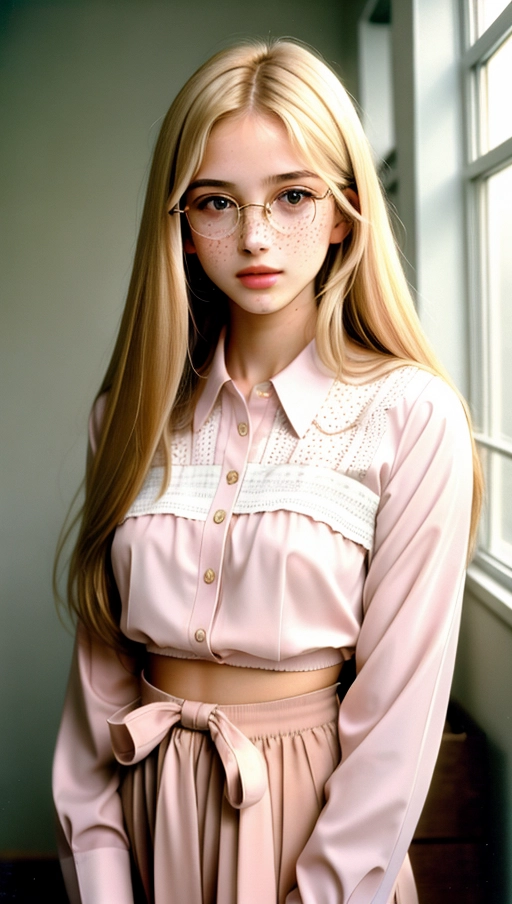 64k, raw photo, masterpiece, A slender german girl with long blonde straight Hair, long Face, long Nase, blushing, too much make up, wearing big golden Glasses, wearing tight wight pants, wearing a pink Silke blouse, shy, small waist, petit breasts,
disposable camera photograph, large film grain, high contrast, Flash photography,
perfect skin, Feminine, innocent, highly detailed facial features, faint freckles, Real perfect looking face, perfect hair, 18 years old, Natural hair, highly detailed face, mouth and eyes, high cheekbones,
looking up at the camera,
Wide-angle lens, Sliver movie, natural lighting, shot on Agfa Vista 200 --ar 9:16 --v 5