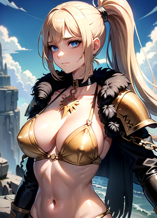 (masterpiece:1.3), (high quality:1.3), (best quality:1.3), official wallpaper, official art, beautiful face, perfect face, perfect eyes, perfect skin, detailed eyes, detailed hair, detailed face, detailed lips, <lora:more_details:0.2>, <lora:add_detail:0.5>, detailed, eyelash, extremely detailed, extremely intricate, cinematic lighting, vibrant colors, (closed mouth:1.5), barbarian woman, blue eyes, (eyeshadow:1.1), eye contour, muscular body, 170cm tall, braided ponytail, (blonde hair:1.2), (heavy upper lips:1.1), (body full of scars:1.2), cleavage, hair adornment, bikini, (bear coat:1.1), (bearskin coat:1.1), (upper body:1.5), choker, <lora:edgBarbarian_MINI:0.8>, armor, dressed, heels, (fantasy:1.5), (epic scenery:1.21), (beautiful scenery:1.21), (detailed scenery:1.21), (intricate scenery:1.21), (wonderful scenery:1.21),