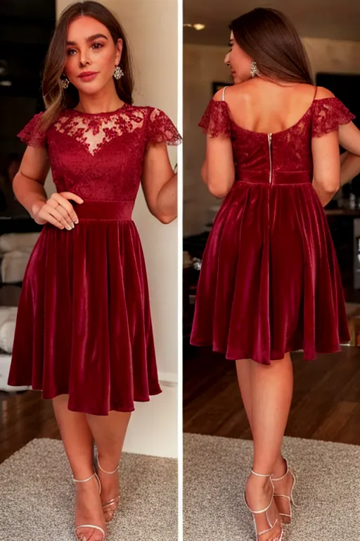 My red velvet cocktail dress is made of luxurious fabric and has intricate embroidery and delicate ruffles. The high neckline accentuates my long slender neck and the sleeves are sheer, allowing a glimpse of my toned arms. The waistline is fitted, emphasizing my hourglass figure and the skirt falls gracefully, flaring out just above my knees. The dress is also incredibly comfortable which makes it perfect for dancing the night away.