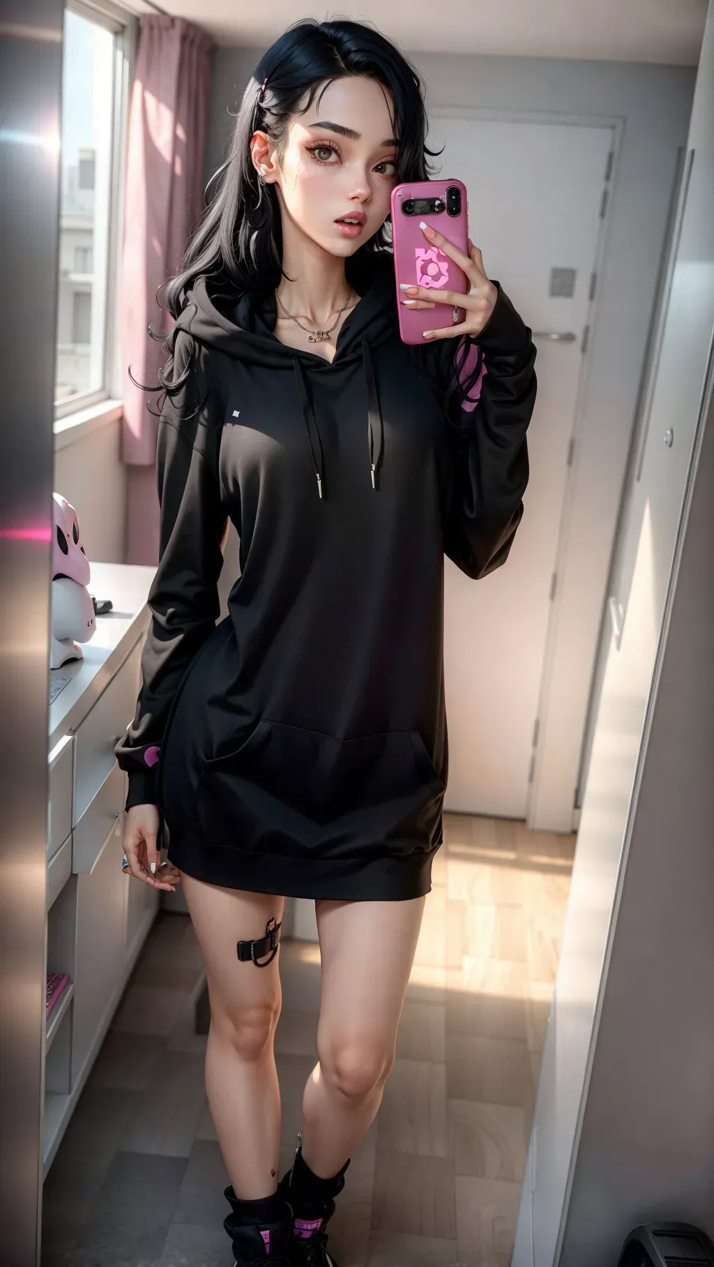 E-girl, gamer girl, skinny, black hair, baggy loose hoodie, miniskirt, tiny boobs