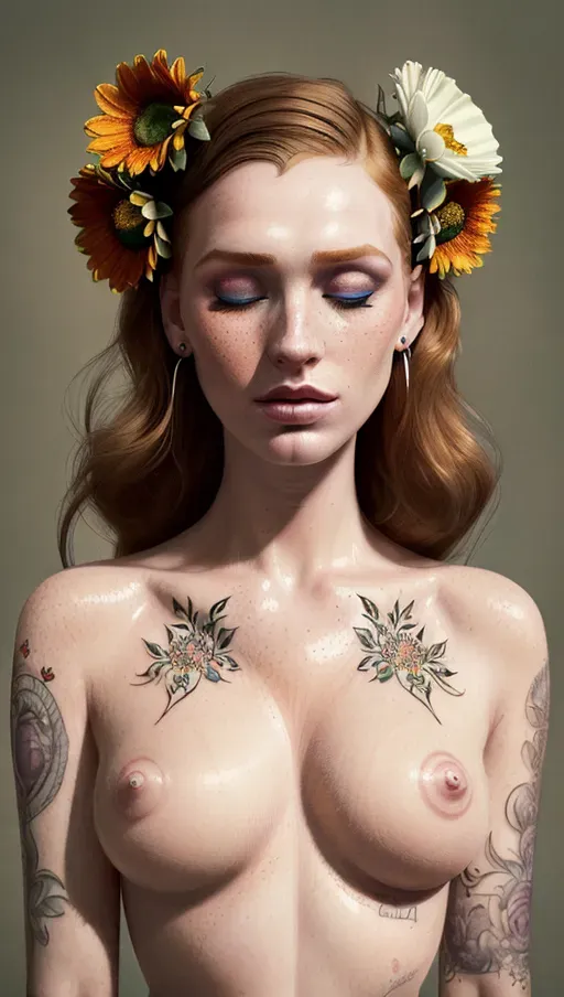 ((masterpiece)), (((best quality))), ((extremely detailed)), ((illustration)), (best shadow),1girl, freckles, tattoos, ((closed eyes)), sadness, (((100mm))), sharp, (fashion pop art:1.2), (flowers:1.0) earrings, lace, long_hair, navel,(Marta Bevacqua:1.3)