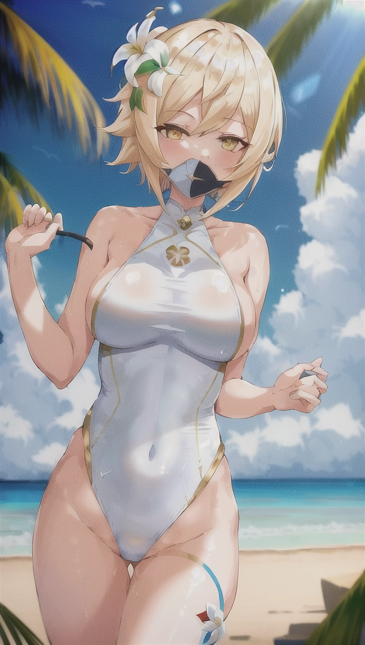 1 girl, Genshin Impact, Lumine, short blonde hair, gold eyes, white flower in hair, white one-piece swimsuit, beach, standing under palm tree, teasing, smirking