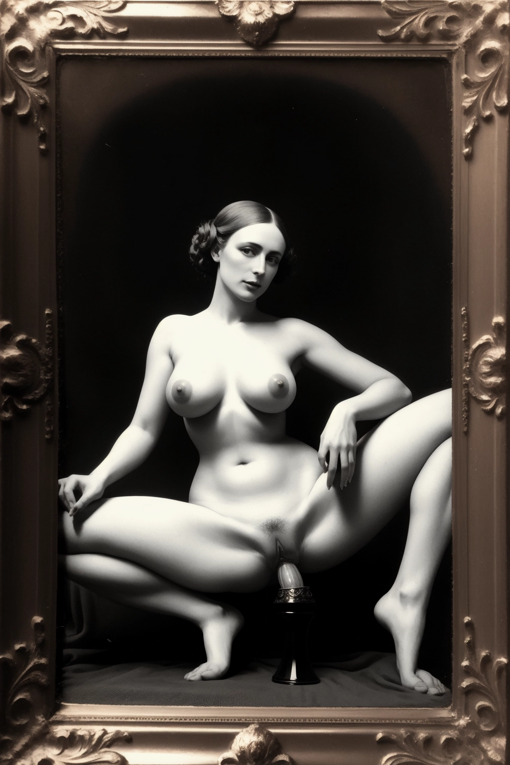 Nude Victorian woman, spread legs, Daguerreotype, dildo