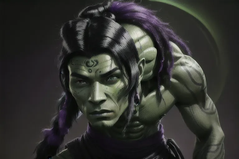 Mirialan, male, (((green skin))), black tribal tattoos, long black hair, purple eyes, cheerful, gray shirt, gray pants, futuristic clothing, alien, sfw, headshot, masterpiece, absurdres, ((((solo focus)))), 8k, perfect edges, ultra realistic, perfect anatomy, low light, perfect face, fine details, realistic shaded, photoshoot, male