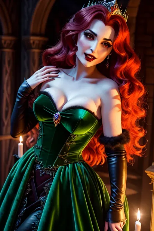Anna of Arendelle, green velvet dress, Dracula embracing from behind his fangs upon her neck, hypnotized, moderate breasts,five fingers per hand,sweet face, beautiful lips,curved eyebrows, blood trickling from vampire bite on neck, leather, auburn hair, medium long hair, theateric dramatic club lighting,ultra realistic,pixiv,unreal engine,bokeh, hand on arched neck