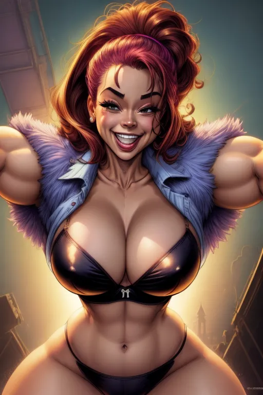 artwork, woman, ralph Bakshi style, cleavage, massive thighs, bra and panties, facing viewer, big smile <lora:dpmg_add_detail:1> <lora:dpmg_pov_from_below:1>