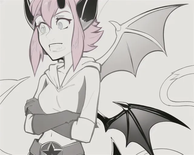 masterpiece, best quality,half body, 1girl, solo, short_hair, horns, imp, smile, pink hair, tussled hair, blue hoodie tunic, belt with star long_gloves, mono lens goggles, lineart, bat wings, tail, arms crossed, pensive <lora:manga_lineart:1>