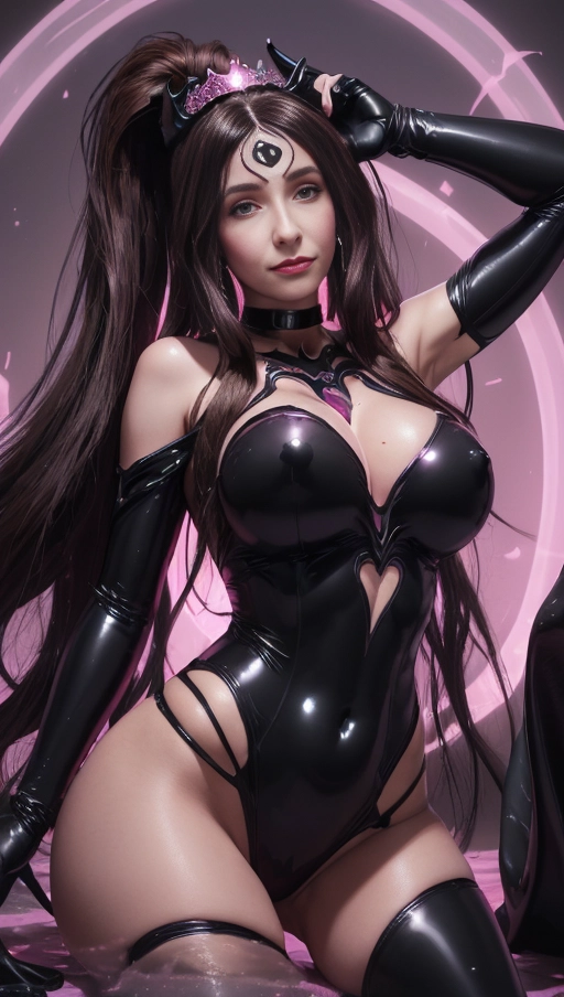 best quality, (((ultra high res))), (detailed face and eyes), (succubus), hearts, ((perfect face)), (necklace), (((big choker))), golden earrings, jewelry, gloves, (((big pink diamond diadem))), (big pink diamond crown), hourglass body, (tied up), ((((black symbiote goo suit)))), ((((symbiote succubus)))), ((((dark brown hair)))), ((((extremely long hair)))), ((((straight hair)))), ((((black symbiote neckholder suit)))), (((black gloves))), (((((very long voluminous hair))))), (((((hair raising succubus))))), ((((raising hair)))), (((((very voluminous hair))))), ((perfect eyes)), ((((dark brown hair everywhere)))), ((((very huge tits)))), ((((very huge boobs)))), (((heart))), ((((((black tight symbiote goo t-shirt)))))), ((corruption)), ((((single ponytail)))), ((((portrait)))), ((((pink lines)))), (((pink luminescence succubus mark))), (((pink demon mark)))
