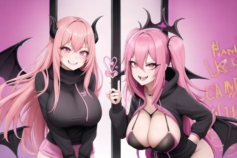 Tall dominant woman with devil horns and bat wings anime girl with pink hair and pink eyes, smile, multiple angles, giggling, high quality, happy smile, one person, black hoodie, pink skirt, anime, flirting, hentai, pressing tits against glass, winking, safe for work, sfw
