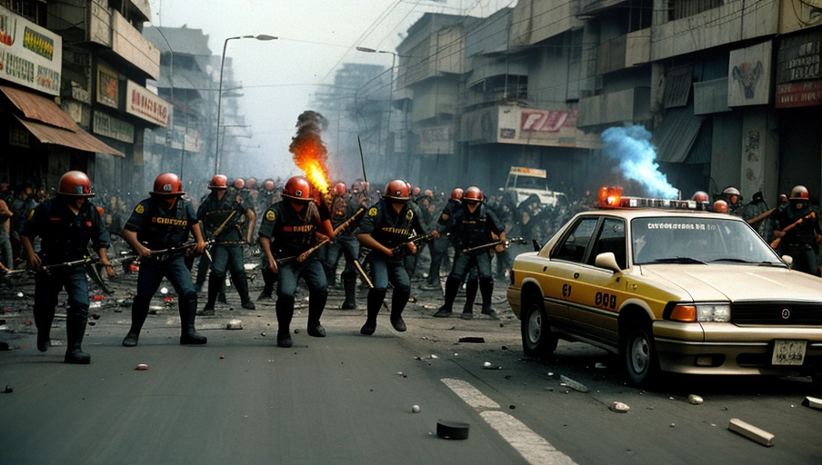 1998 Jakarta riot real photography on the street, burning tires and cars, riots, rapists, angry people carrying torch