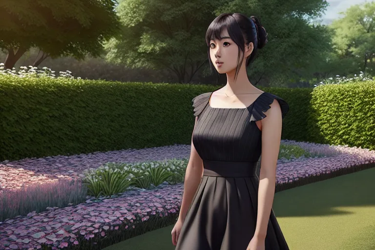 a digital art of,haruka fukuhara,wearing frock,walking,in the garden,five slender fingers,bangs hairstyle,gorgeous face,beautiful lips,black eyes,curved eyebrows,textured skin,peaceful,tattoo,pixiv,highly detailed,cgsociety,ultra realistic,8k