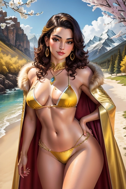 Colour painting of a young Connie Francis, very detailed and jewelled yellow bikini,((bare thighs)), fur cloak over her shoulders, smooth skin, sexy butt, fine beautiful body,((spring landscape)),(detailed skin features),(detailed face features), beautiful face, (detailed body features), beautiful eyes,