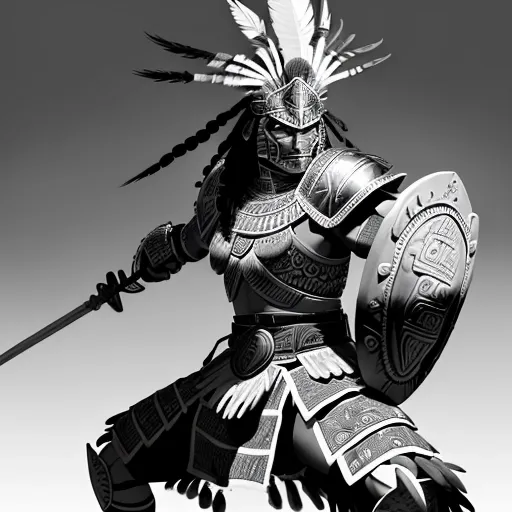 A high-definition, black-and-white illustration suitable for laser engraving, depicting an Aztec warrior in fierce combat with armored Spanish conquistadors. The Aztec warrior wears traditional armor with elaborate feather headdress, wielding a macuahuitl club, standing with determination. The Spanish conquistadors are in steel armor, holding swords and shields, positioned in a defensive stance. The background hints at an ancient Mesoamerican landscape with minimal detailing to focus on the combatants. The illustration uses high-contrast lines and shading, with intricate detailing on the Aztec warrior's headdress, armor, and facial expression. Engraving-friendly, no color gradients.