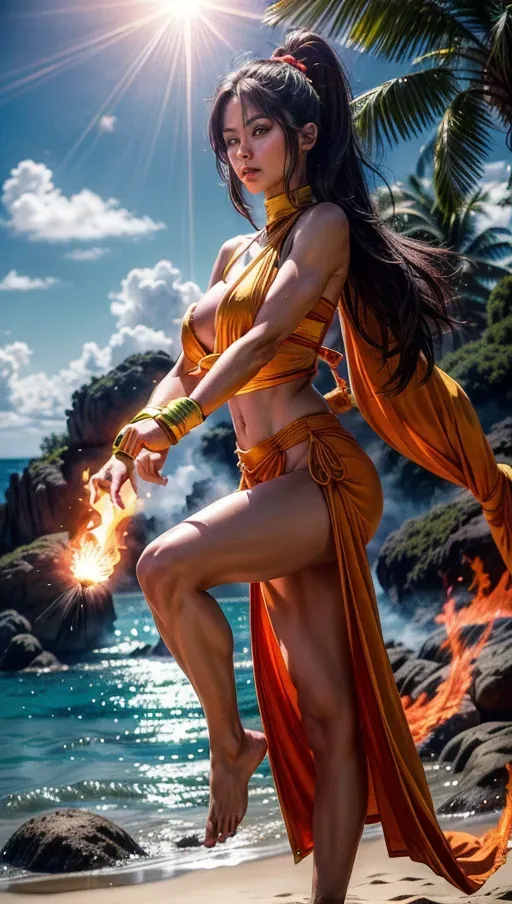 A digital photograph of, professional photograph, a (((slim woman))) (wearing a Namek outfit) is doing a Kamehameha on an island, bright green long hair standing on end, (((hands stretched for a Kamehameha))), (((holding a ultra big fire))), (((delicate body))), highly detailed eyes, perfect eyes, beautiful face, highly detailed face, perfect breast, perky tits, breast exposed, soft skin, <lora:dpmg_add_detail:1.4>, sunny bright light, paradisiac shore, (Kame Sennin amazed in background), bokeh, five fingers per hand, cinematic composition, UHD, HDR, highest quality, highest resolution, (photorealist), (photorealism), (masterpiece:1.4)