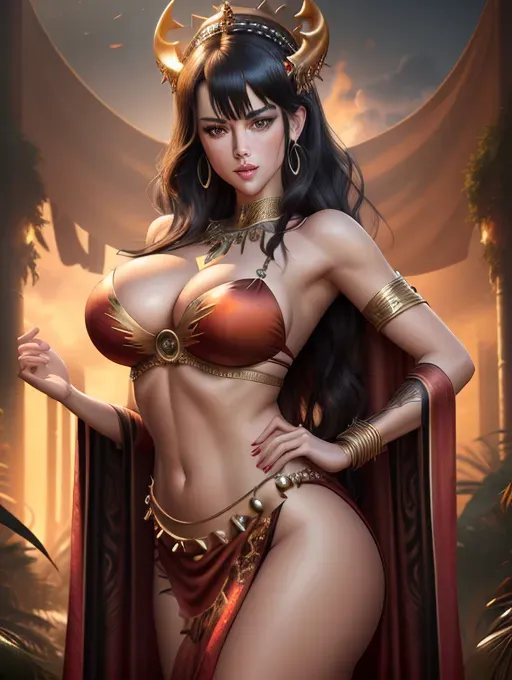 realistic HD photograph of, (((Amber Heard)))((accurate face)), (((As a evil pagan jungle goddess)))((in an pagan temple))((wearing a split side scaled red diaphanous pagan gown))(((wearing elaborate Bedlah))), very sexy pose,(((perky breasts))), (((slender athletic build))), (((mischievous smirking expression))),(((short straight blunt bangs haircut)))(((black hair))), beautiful face, beautiful lips,detailed large eyes,curved eyebrows,cgsociety,cinematic lighting,studio lighting,professional,editorial,