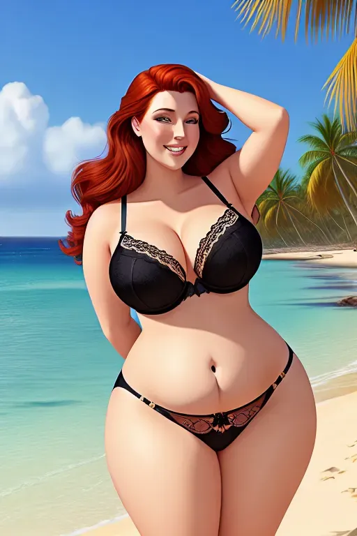 digital art, 20 year old, a disney princess, auburn hair, thicc, lingerie, black, beach, daytime, sunlight, happy, chubby belly, 8k, professional