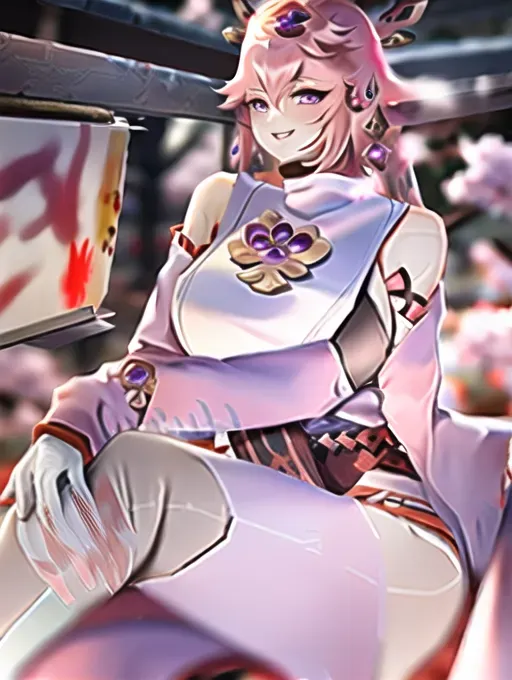 1girl, <lora:dpmg_yae_miko:1>, kpop idol, yae miko, detached sleeves, bare shoulders, pink hair, long hair, japanese clothes, best quality, (painting:1.5), (hair ornament:1.35), jewelry, purple eyes, earrings, breasts, torii, cherry blossoms, lantern light, depth of field, detailed face, face focus, ribbon_trim, (looking at viewer:1.25), nontraditional miko, shiny skin, long sleeves, smile, thick lips, game cg, hands on lips, east asian architecture, (blurry background:1.2), sitting, upper body,