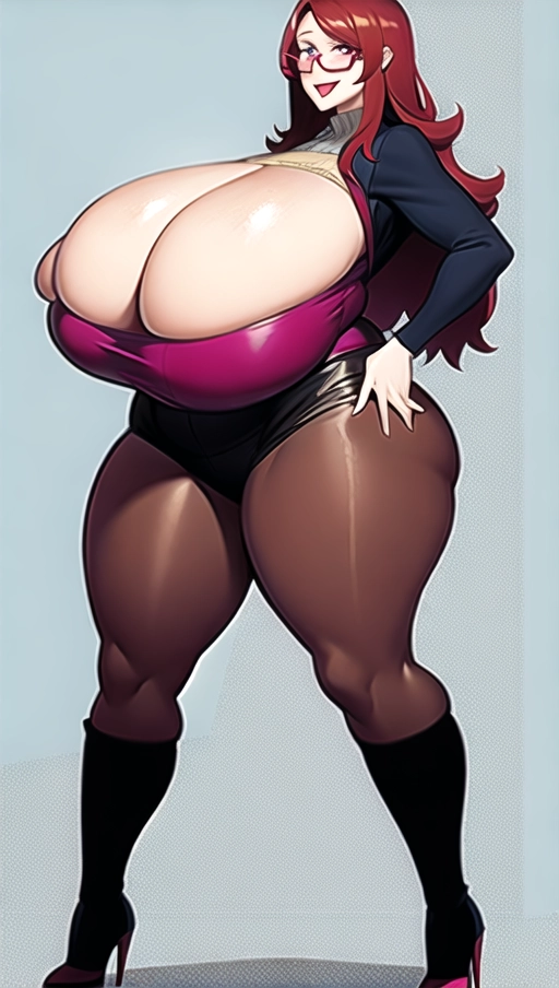 Dark red hair, sexy glasses,Sexy women ,big boobs, gigantic belly,<fat belly and fat boobs>,weight gain, weight gain big belly, <gigantic fat belly>,big fat belly ,huge soft belly , nylon Socks, black high heels boots, nude boobs, <lora:dpmg_pov_Big_fat_belly:1.4> ,