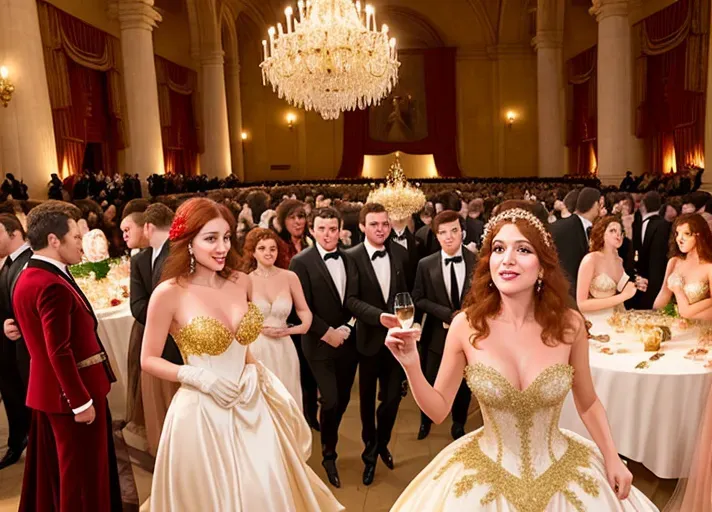 amidst the revelry of a grand late eighteen hundreds French masquerade ball, where everyone is wearing ornate masks, a clumsy servant trips spilling red wine on beautiful, auburn haired, round wide blue eyes sexy Queen Anna of Arendelle wearing a satin, pearl and gold mask, and a pristine brilliant white heirloom ball gown. An opportunistic Marquies De Sade looking on. photorealistic. High resolution