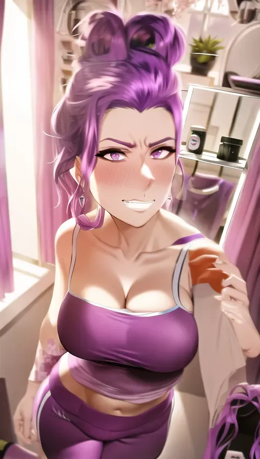 Purple hair, gym clothes, fit, cleavage, shy, nervous, embarrassed, bedroom setting, window, natural light, sunset,