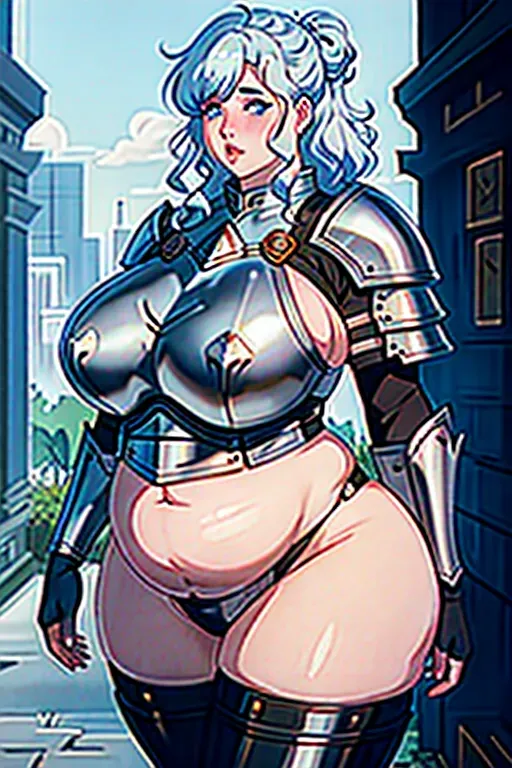 a photo shot of, an ssbbw girl, beer belly, mom bod, huge mom bod, fat mom bod, bloated, fat gut, huge gut, stuffed gut, swollen gut, huge stomach, giant beer belly, blushing, stuffed belly, chubby cheeks, thick neck, fattest girl, huge breasts, large belly, huge belly, fat belly, fat rolls, giant belly, double chin, chubby, huge thighs, fat thighs, giant thighs, massive thighs, thicc thighs, muffintop, huge muffintop, fat muffintop, spare tire, thicc, five fingers per hand, messy hair, white hair, curly hair, messy bun hairstyle, wide hips, weight gain, feederism, freckles, blue eyes, pale skin, mean face, smooth, pixiv, highly detailed, surreal, sharp focus, full body, fat arms, huge arms, extra large hips, extra large waist, tight clothes, wearing full plate armor, realistic metal armor, silver armor, medieval armor, knight armor, silver pauldron armor, metal panties, metal greaves, armor skirt