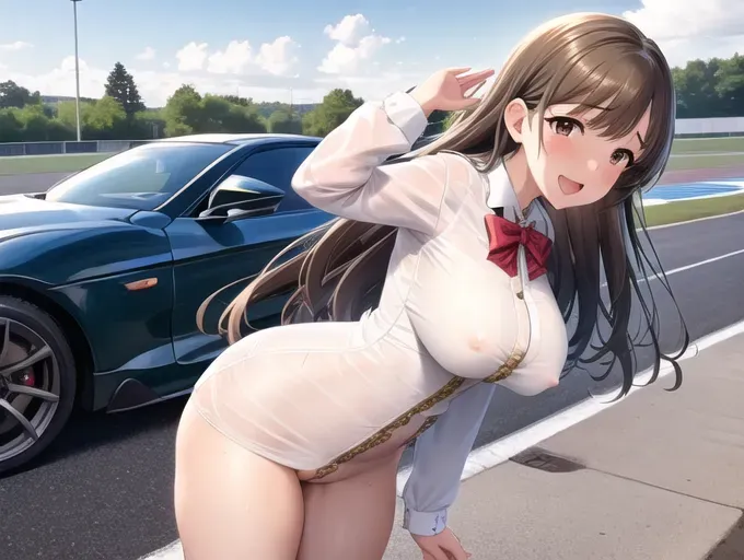 best quality, masterpiece, 1girl, detailed background, nsfw, Idolmaster Cinderella Girls, Minami Nitta with brown long hair, brown eye, wet white slime body, nude, wet white slime body, huge breasts, creampie, open mouth,laughing, orgasm, pussy out, night sky with many stars, Masturbating in front of a Toyota Supra at Autopolis International Racing Cource in Oita Prefecture, full body, fisting frontal