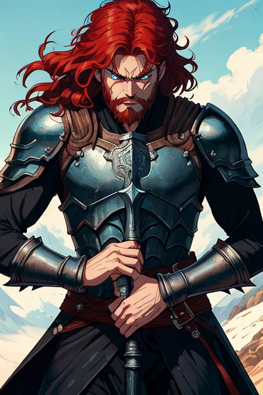 High fantasy, Berserk, a strong, warrior human, Guts, wavy red hair, pale skin, angry eyebrows, handsome blue eyes, small nose, strong cheeks, full beard, strong chin, animal skin coat, black leather armor, huge two-handed greatsword, going into battle, battle field, war in the background, castle and dragon in the far background, high definition, 4k quality, excellent lighting, great shading, pristine detail, very clear picture, accurate at lower promp guidence, ultra realistic, five fingers per hand.