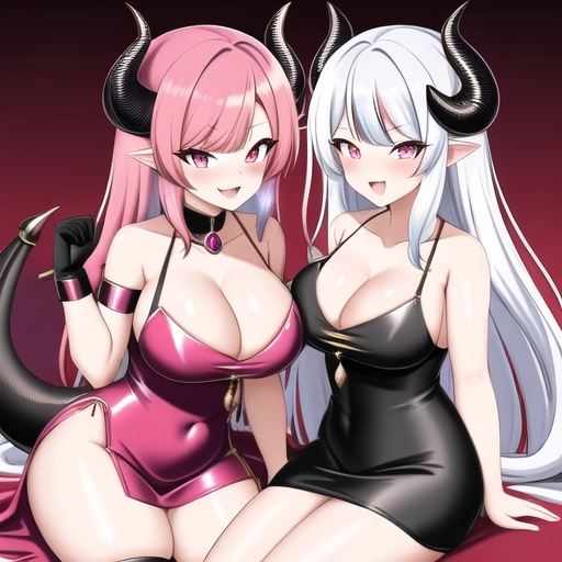 Dragin horns, Dragon girl, black dress, pink hair, multicolored hair, smug face, showing cleavage, pink eyes, living room background, teasing with boobs