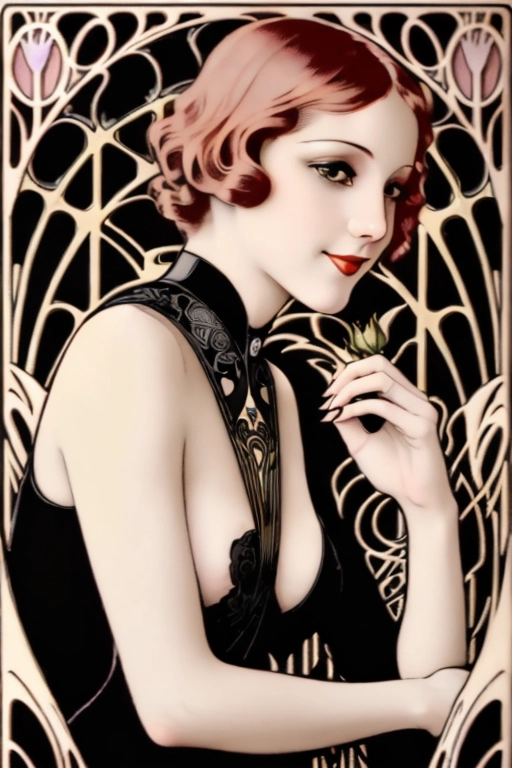 ((((Erotic art Art nouveau 1920s futuristic full color lithograph illustration)))), ((full color)), extreme closeup pov lower lip, sniffing a black rose, gorgeous young nude redhead woman, completely naked, beautiful face, (sexually aroused smile), ((alluring smile)), (((seductive expression))),((((flirting)))), beautiful eyes, ((((looking at me)))),(((looking into my eyes))),((looking at viewer)), in a rose garden full of black roses,