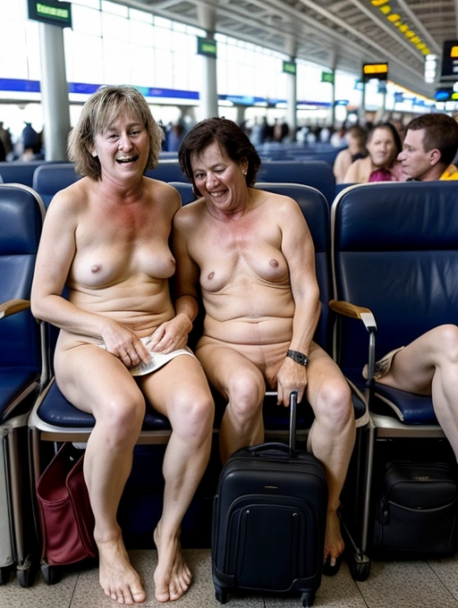 two naked middle aged women are sexually aroused and having public sex together at a crowded airport