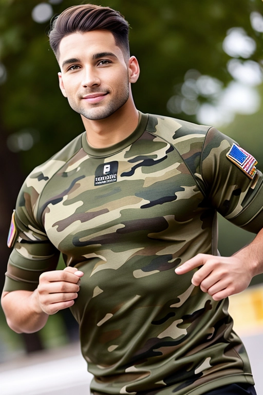 realistic_photo, photorealism, god, young_male, 18, european, gorgeous, brown_hair, green_eyes, (((camouflage_clothes))), tactical_top, tactical_pullover, realistic, solo_focus, smile, sfw, safe_for_work, masculine, male, guy, ((front_view)), , eye_contact, frontal_pose, salute, frontal body view, thin