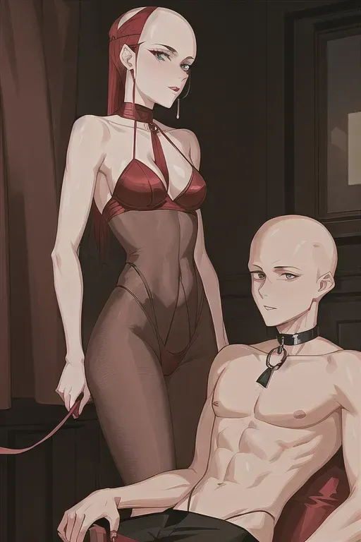 23 year old boy naked who is submissive with a leash on his neck , who is bald, skinny and has bleu eyes, infront of a 18 year old dominant girl with kninky whips who is wearing kinky red lingerie the young 18 year old girl is looking smoking hot and is sitting on his face