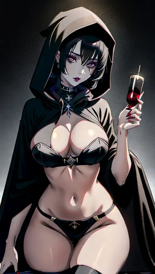 Masterwork, very cute cultist ,Hi-resolution, ultra realistic,skinny body with wide hips and big tits, very full lips, black lipstick , dark eyeshadow,short black hair, wearing sexy cultist robes and black hood,very detailed face, very detailed eyes, ((on her knees with hands behind her back))
