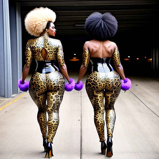 Sexy black villainess with afro and big ass wearing a leapord print catsuit and feather boa walking down parking garage.
front and rear view.