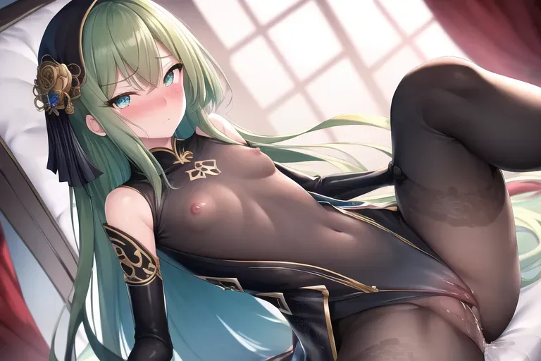 looking at viewer, blush, embarrassed, pussy juice, best quality, masterpiece, 1girl, sex, nsfw, long hair, flat chest, black see-through bodysuit, silver eyes, heart-shaped eyes, creampie, emotionless stare, thin thighs, gold accessories, chinese design, royal throne background, pussy juice, make-up, masturbation, visible breath, (black and green hair), cold blue eyes,