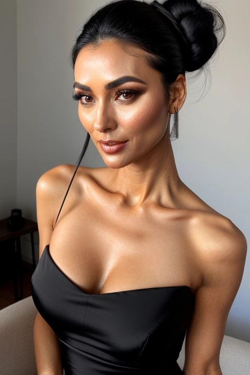 Closeup photo, gorgeous thin skinny girl, black hair worn in a severe bun pulled away from her face, white skin, revealing black dress