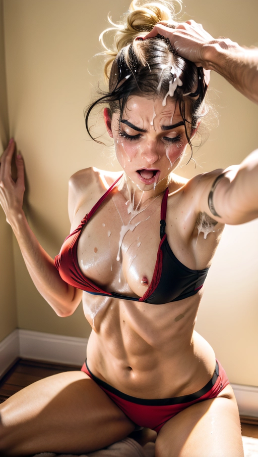<lora:KpxWkLqox25_AnnieMurphy:1>, (Hypnotized), (photo realistic:1.37), (modern artwork), 1female, (perky tits, fit, athletic), glistening skin, pale skin, ((extremely messy hair in an updo)), ((very uneasy expression on face)), (dark lighting), (((wearing a wet red bikini))), perfect tits, legs spread wide, showing pussy, tits out, arched back, ((looking right at the camera)), getting her hair pulled, (((showing her face to viewer))), ( crying tears, sobbing), ((half way undressed, exposing breasts)), (((on her knees))), ((<lora:headpat:1>)), ((worst day of her life)), ((blushing)), (being black mailed), pulling her own top down to show the viewer her tits, (((grabbing the viewers arm))), cold nose, ((back pressed up against a wall)), ((holding mouth wide open for the viewer)), (((a man reaching out and grabbing her by the throat))), ((dpmg_face_cum_v1)),
(((covered in cum))), ((bikini ripped and torn)), messy hair, ((cum dripping out of her mouth)), (cum slut), cloths pulled down,
((best quality)), <lora:dpmg_add_detail:0.5>, beautiful,(high resolution), (((masterpiece))), (uhd), (8k), ((sharp focus)), <lora:plVOer6ObyM_epiCRealismHelper:1>