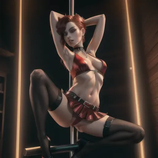 pornstar Vicca has short straight bobcat red hair, very intense and beautful eyes, high cheekbones in a very beautiful face, small beautiful breasts with very erect nipples
Vicca is poledancing using sensual poses, arms stretched above head, semi-straight legs crossed around pole, red pubic hair, wearing sexy stripper outfit, partly naked, very thin body wearing a short sexy jacket with cleavage and half open tight transparent blouse, short and tight skirts, long slender legs in very sexy stockings, sexy choker with chain, bracelets on wrists and ankles, in full body growth in the frame, breasts are visible, erect nipples poking through clothes, nipslips, very sexy, they are partly undressed, full bodies in frame
detailed face and body, detailed pussy and pussy lips, pubic hair
ultra realistic graphics, High definition, excellent lighting, best quality, high resolution, photorealistic, masterpiece, ultra realistic graphics, 16k, improved graphics
delete hands holding in pole from picture