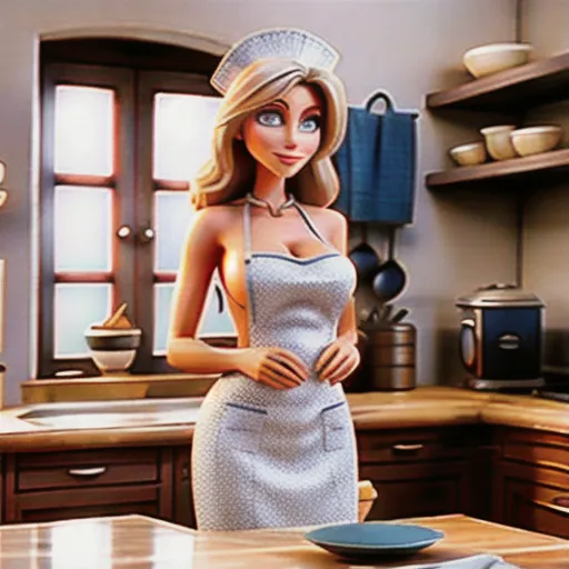 Stepford wife, topless, waist apron, in the kitchen, on her knees
