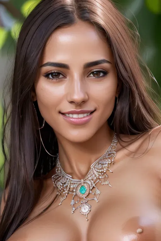 A 8k resolution photo shot of a beautiful woman, very compassionate and friendly, (pretty teeth), ((detailed hair features)),(((detailed facial features))),((detailed body features)),(detailed arms features),(extremely textured skin),((beautiful lips)),((highly detailed)), ((pretty vagina)), ((proudly displaying aroused vagina)), wearing a long necklace with a large pendant low between boobs,