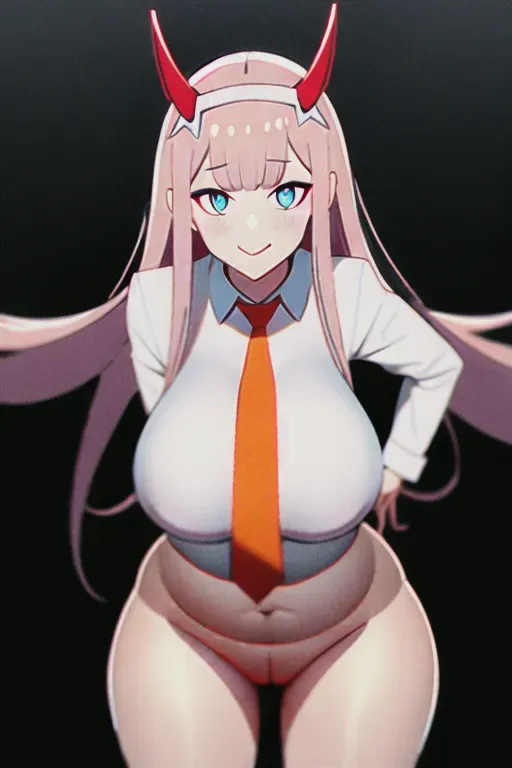 zero two (darling in the franxx), darling in the franxx, 1girl, aqua eyes, arms behind back, bangs, blunt bangs, breasts, closed mouth, cowboy shot, hairband, horns, leaning forward, long hair, looking at viewer, very large breasts, necktie, oni horns, orange necktie, pink hair, red horns, smile, solo, standing, straight-on, uniform, white background, white hairband, cum-inflation,semen, very-big-belly, impregnation,sperm, ovum, creampie, <lora:dpmg_zerotwo:1>