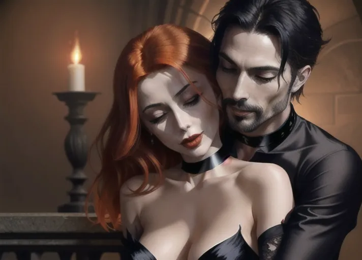 Beautiful elegant auburn haired in a low bun Queen Anna of Arendelle portrayed by Willa Holland as a sexy vampire with hypnotic red glowing eyes, deep plunging neckline and a warm inviting toothy smile with long sharp canine teeth. fingering her own recent bitemarks on her neck either side of her black satin choker. Older raven haired masculine Dracula embracing her from behind kissing her neck. PHOTOREALISTIC.