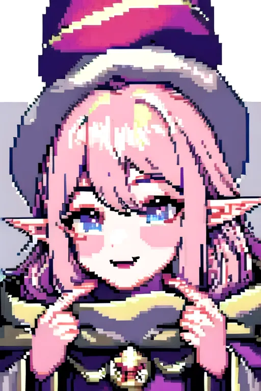 (masterpiece:1.2) (highly detailed:1.2),(detailed face:1.2), (detailed background), 1 male elf, best quality, highly detailed , elf ears long, elf wizard male, pink hair color, medium shaggy hairstyle, wizard hat and flowing cape, light grey eyes starry look in eyes, elements of fire showing, chibi cute style, exciting happy mouth open expression, multi colored cotty candy themed wizard robes, fluffy neck hood on shoulders, detailed landscape<lora:pixel_art:0.7>((pixelart))