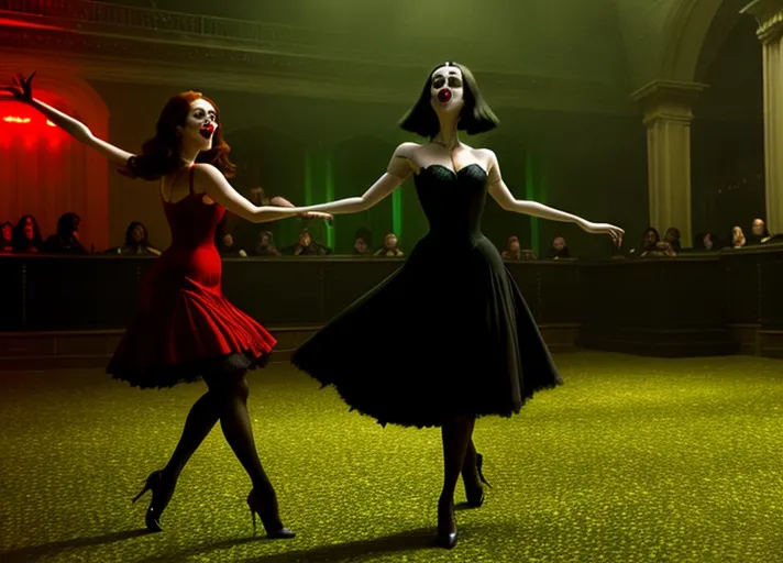 two ladies in a dark atmospheric modern goth nightclub, Dakota Fanning as Mavis Dracula of Hotel Transylvania in tight black revealing attire and hypnotic red glowing eyes, dancing the night away with beautiful good auburn haired Elizabeth Lail as Anna of Arendelle in a modest light green royal gown. Photorealistic, b-horror film screencap,