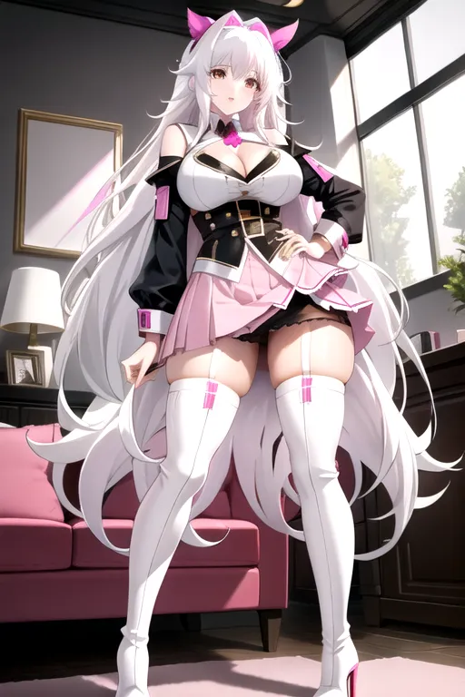 long hair, white hair, brown eyes, pink miniskirt, giant breasts, looking at viewer, in living room, high heels, pale skin, thigh high boots, cleavage window